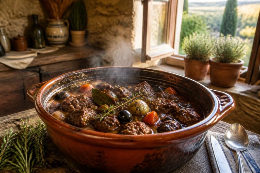 découvrez la recette traditionnelle de la daube provençale, un plat mijoté aux saveurs authentiques de la provence, parfait pour régaler toute la famille.