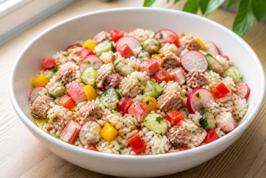 découvrez une recette facile et rafraîchissante de salade froide de riz avec thon, surimi et plusieurs variantes savoureuses pour un repas léger et plein de saveurs.