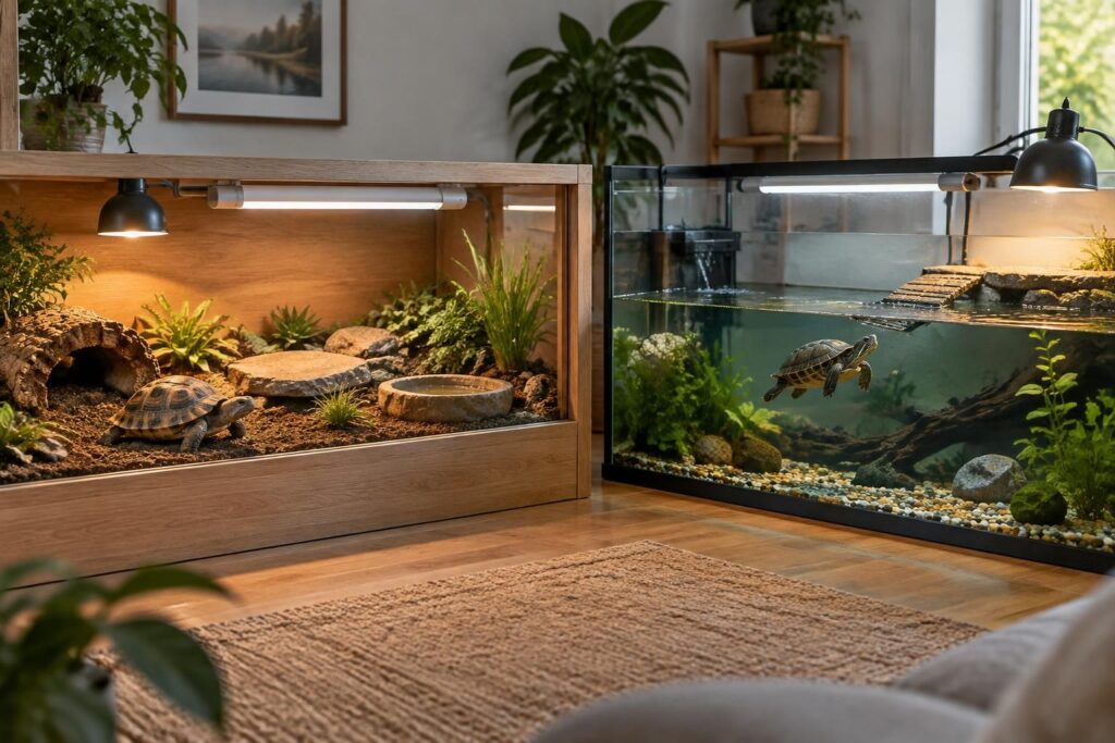 découvrez comment aménager un terrarium adapté à votre tortue terrestre ou aquatique : espace, température, éclairage et équipements essentiels.